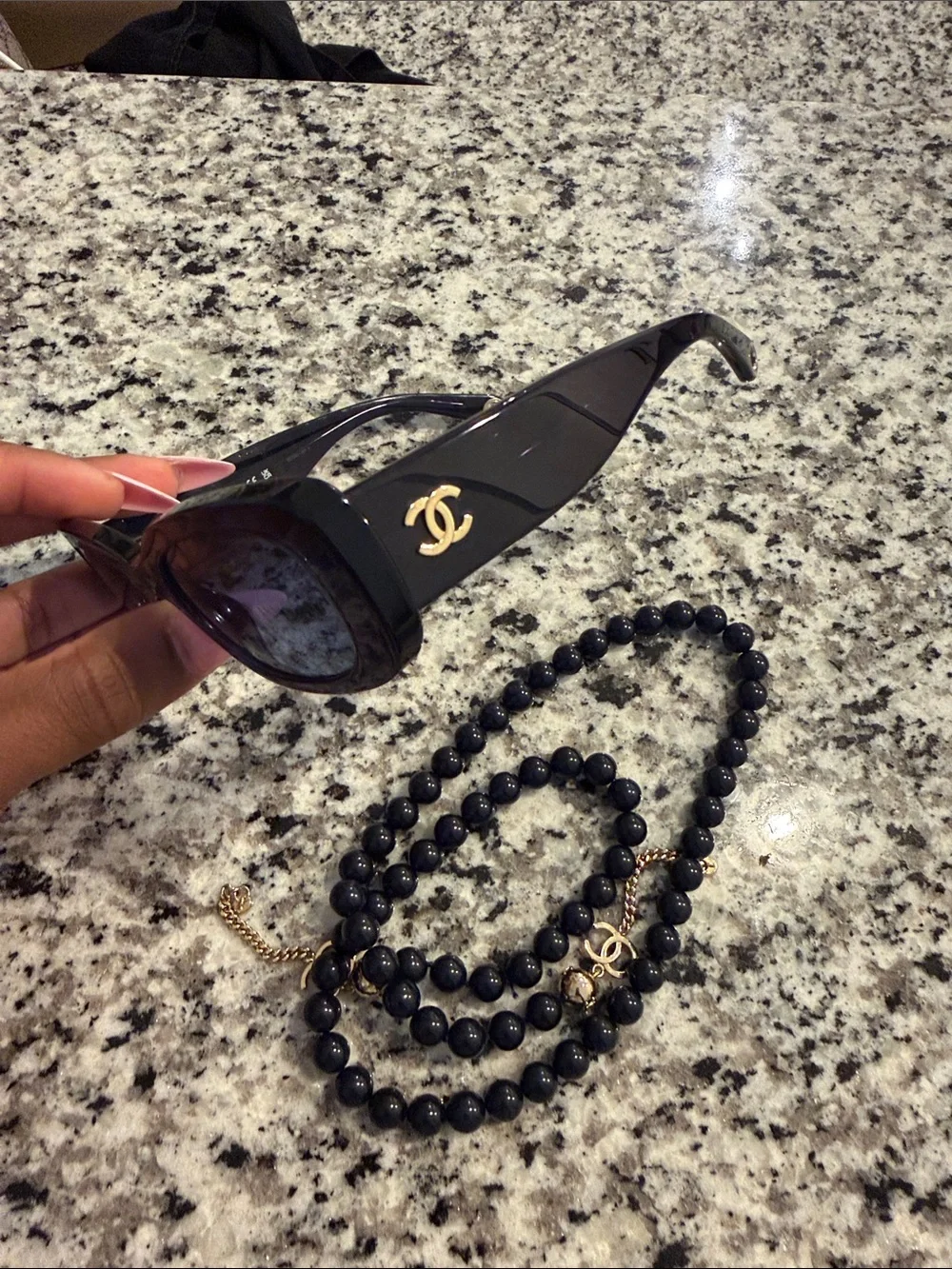 CHANEL dark Blue Sunglasses with Gold CC Logo they look black